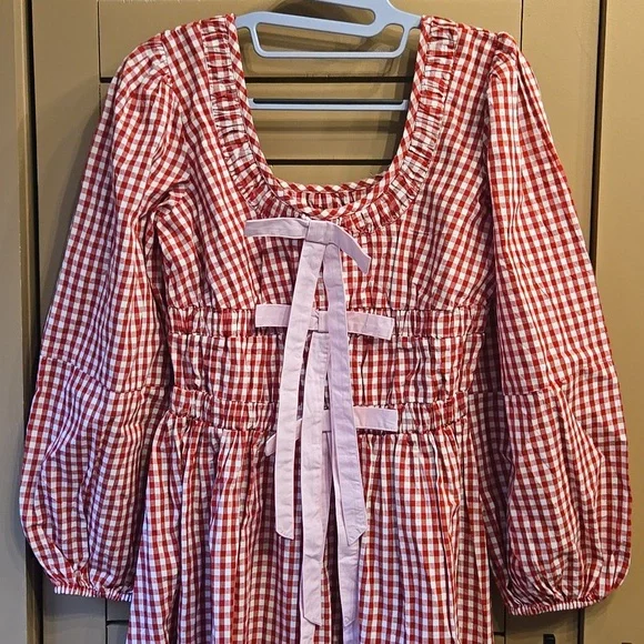 DAMSON MADDER Dakota Red Gingham Bow Midi Dress EU 8/US 4 - Picture 5 of 13